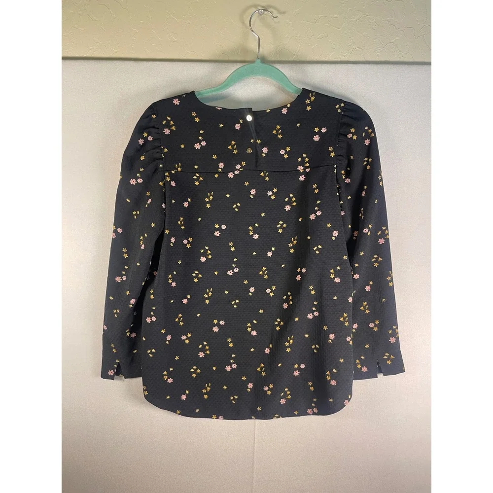 LOFT Black Floral Textured Puff Shoulder Long Sleeve Blouse XS Crew Neck Top